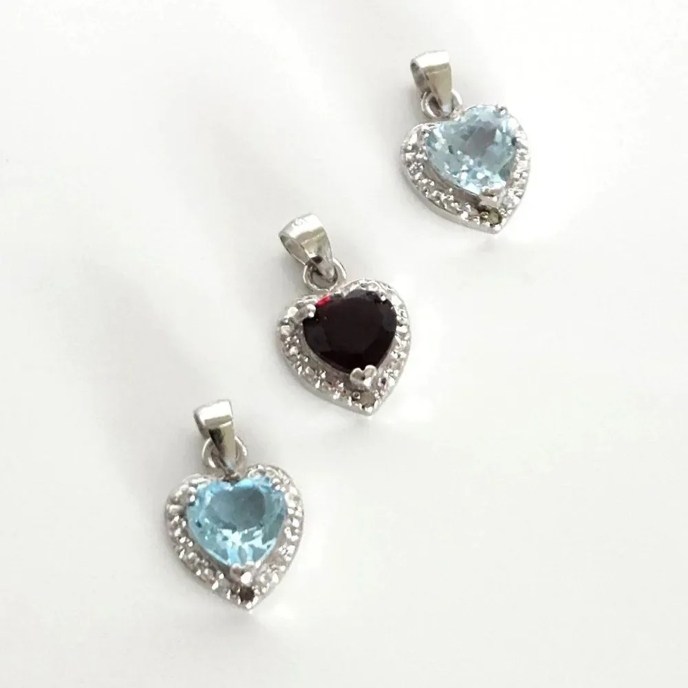 3 Gemstone Heart Pendants - 2 Blue Topaz and Garnet
